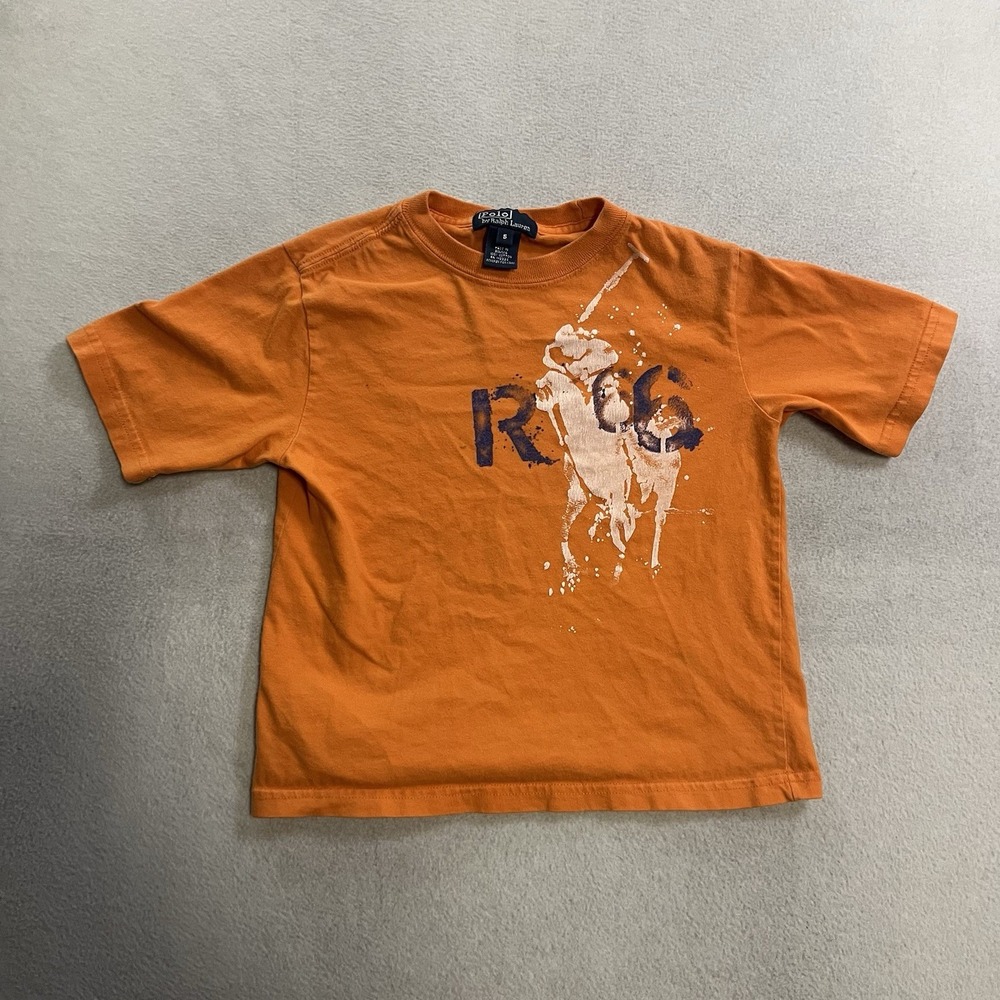 Vintage Polo Ralph Lauren T-Shirt Boys Size 5 Orange Long Sleeve Big Pony R67